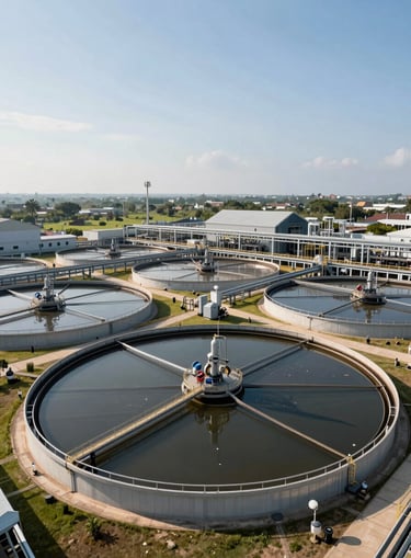 Wide panoramic shot of a modern large-scale wastewater treatment plant with sedimentation tanks under the bright South Asian sun, professional industrial photography.