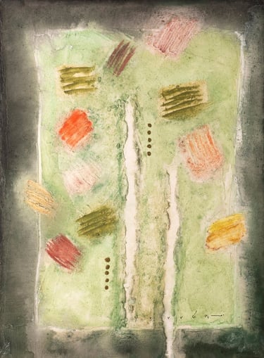 Abstract oil painting on canvas featuring textured green tones with colorful brushstrokes and white vertical lines.