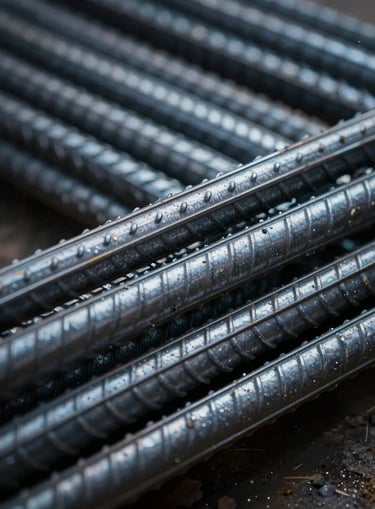 Extreme close-up of stacked heavy-gauge steel reinforcement bars, cold metallic tones, sharp macro details, low-key dramatic lighting