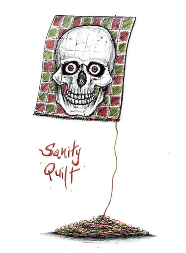 skull with eyes on an unraveling quilt