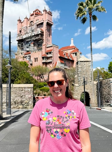 Jennifer Becker pictured in front of The Hollywood "Tower of Terror" Hotel at Disney's Hollywood Studios® Park..