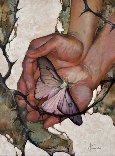 Painting titled 'The Butterfly Who Doesn't Know He Can Fly' depicting two hands gently cupping a lar