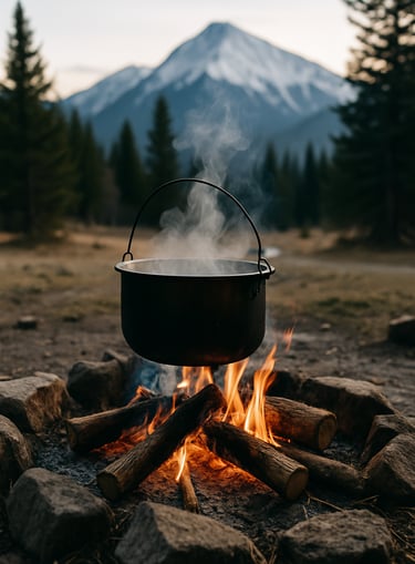 Black metal pot boiling water over open campfire near mountains