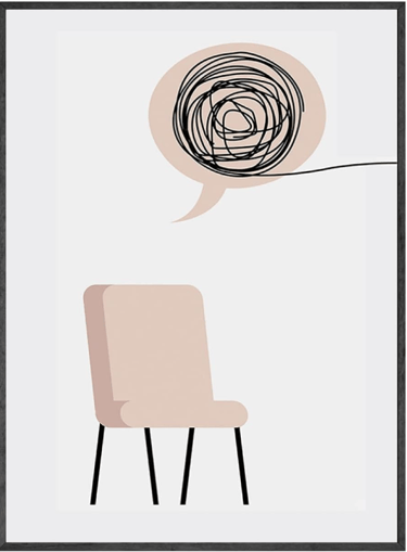 une chaise vide avec une bulle représentant un esprit en proie a la confusion