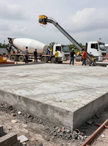 Wide documentary shot of a concrete slab pour in progress, workers guiding a chute from a mixer truck, overcast natural light, freshly formed foundation edges visible in the foreground, site organized and active, no staging