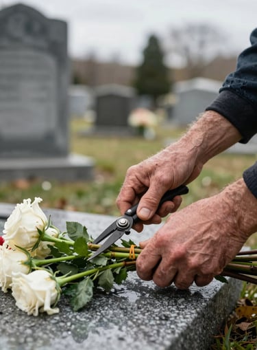 Close-up of a florist's weathered hands trimming flower stems over a cemetery grave, grave stone partially visible in background, overcast daylight, focus on the hands and fresh-cut stems