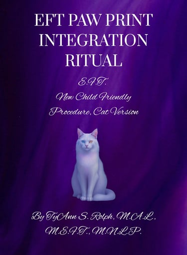 Cover for EFT Paw Print Integration Ritual book featuring a white cat on a purple background.