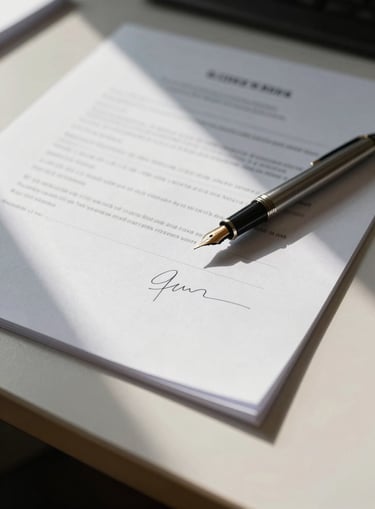 Close-up overhead of a legal document on a pale desk, a fountain pen resting on the page mid-signature, soft north-facing window light casting gentle shadows across the paper edge
