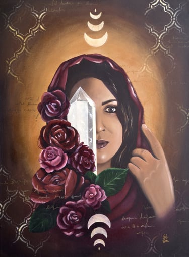Painting inspired by Mary Magdalene with roses and a crystal by artist Silvia Salerno