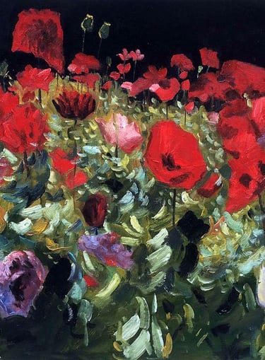 Expressief schilderij met bloemen en krachtige kleuren