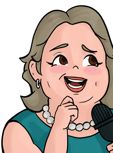 A drawing of fat woman holding a microphone. 