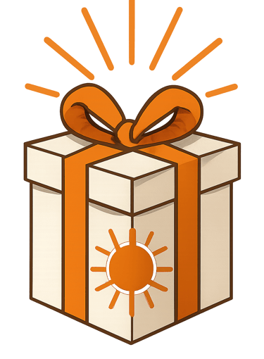 A stylized illustration of a white gift box with an orange sun icon on its side and rays emanating from the top.