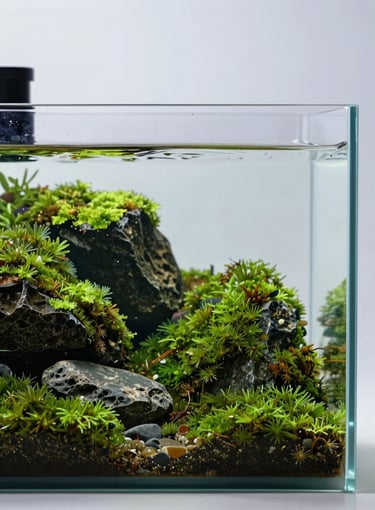 A high-end, rimless glass aquarium featuring a lush Iwagumi style layout with vibrant green moss and dark stones. Crystal clear water with a gentle ripple on the surface against a soft #EDF3F1 background, embodying sophisticated aquatic harmony.