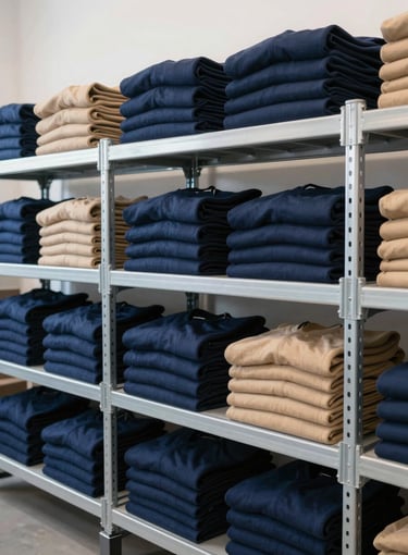 A crisp, professional medium shot of organized clothing inventory stacked neatly on high steel racks inside a modern, well-lit warehouse, bright daylight, navy and sand tones, 35mm.