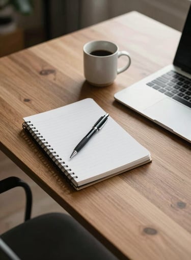 A top-down photographic shot of a clean, minimalist wooden desk in a North American home office. A single notebook, a premium black pen, and a ceramic mug sit beside a laptop, bathed in soft, natural morning light. The composition is sophisticated and calm.