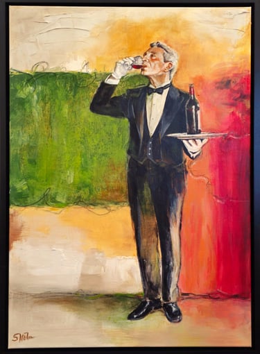 Oil painting of a waiter in a tuxedo drinking red wine against a colorful abstract background.