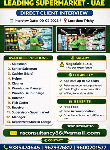 Supermarket jobs in UAE direct interview free food accommodation