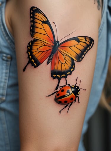 Tatuaggio su un braccio di una farfalla arancione e una coccinella