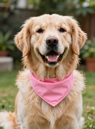 perro Golden Retriever con sonrisa posando a la cámara con pañuelo rosa en el cuello, en un jardin
