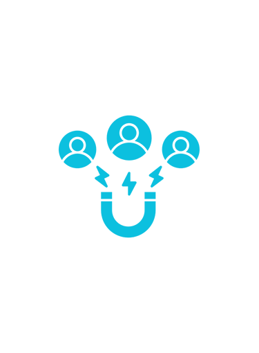 Blue icon showing a magnet attracting people icons representing customer acquisition and lead generation.