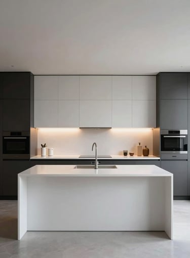 Symmetrical wide shot of a minimalist luxury kitchen with a seamless white solid surface island, warm hidden LED accents, dark cabinets, ultra-realistic architectural photography.