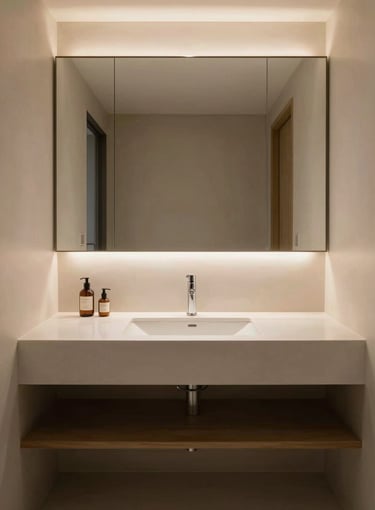 Symmetrical luxury bathroom interior, floating solid surface countertop with integrated seamless sink, warm minimalist lighting, soft natural light, architectural focus.