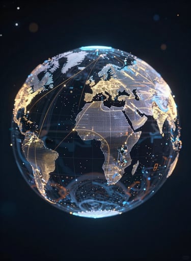 A digital representation of a holographic globe connecting major cities with golden lines. Cinematic lighting, deep space #0A0A1A aesthetic with #F7F9FA stars and #B8A066 data nodes.
