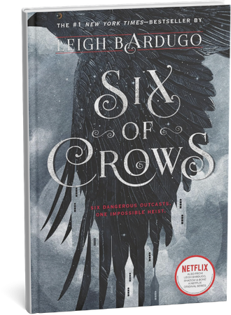 Hardcover book cover of Six of Crows by Leigh Bardugo featuring a black crow wing design.