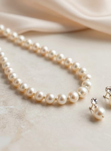 A close-up shot of a delicate pearl necklace resting on a soft linen fabric.