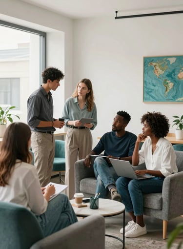 Lifestyle photography of a group of young professionals collaborating in a bright, modern co-working space, Global / African diaspora. The scene is filled with natural light, featuring cool gray furniture and teal decor elements.