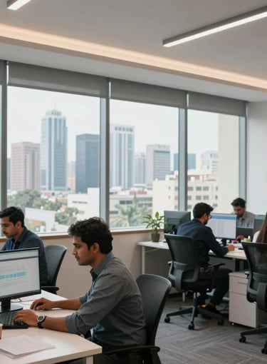 A clean, modern Ahmedabad digital agency office interior with a view of the city skyline through large windows, South Asian / Indian professionals collaborating at desks, natural lighting, professional and results-driven atmosphere.