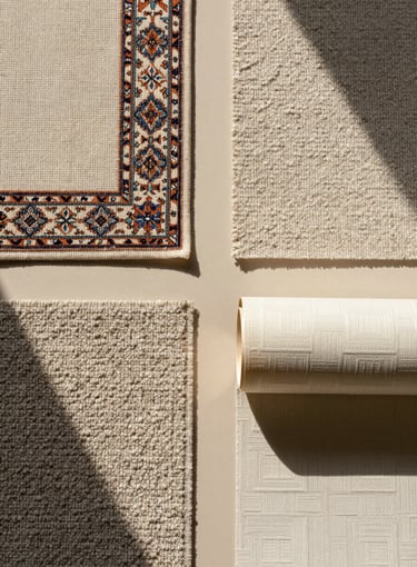 Extreme close-up flat-lay of four material swatches arranged in a grid on a warm ivory surface — a woven curtain fabric, an oriental carpet corner showing hand-knotted pile, a broadloom carpet section with dense loop texture, and a rolled wallpaper sample revealing an embossed geometric pattern, soft north-facing daylight, no shadows