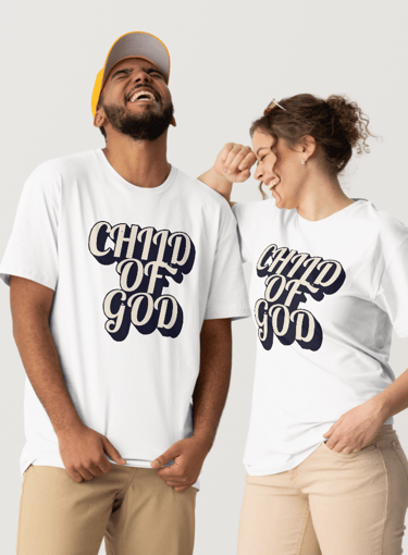 two people modelling christian tshirts