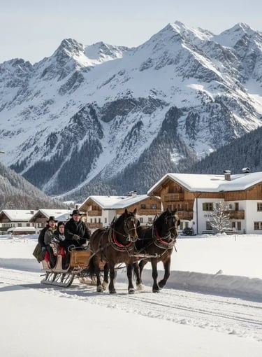 A family enjoying a horse-drawn sleigh ride through a snowy valley with towering, snow-capped mounta