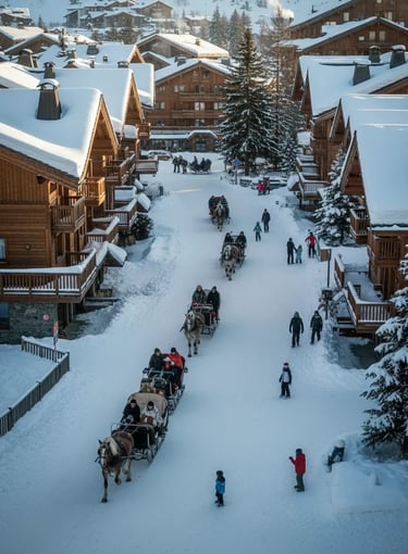 An aerial view of multiple horse-drawn carriages traveling down a snow-covered street in a cozy alpi