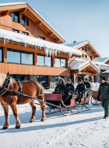 A close-up of a horse and red sleigh parked in front of a rustic wooden mountain lodge with large ic