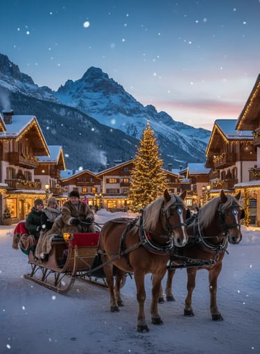 A magical winter vacation scene featuring a horse-drawn sleigh with passengers traveling through a f