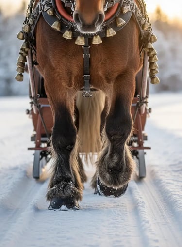 A close-up, low-angle shot of a powerful horse pulling a horse-drawn sleigh over a snow-covered path