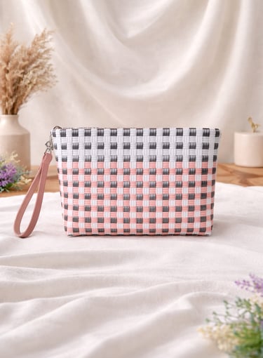 Handwoven recycled plastic clutch bag pink grey checkered pattern handmade from Indonesia