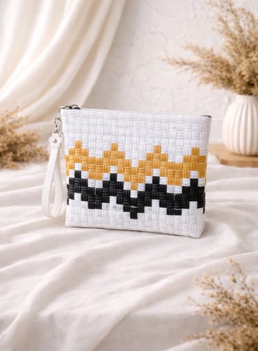White black yellow patterned woven plastic clutch bag handmade eco craft