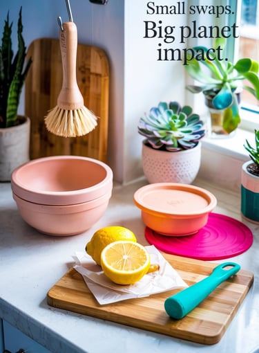 Reusable kitchen products like beeswax wraps and bamboo brushes on a modern countertop