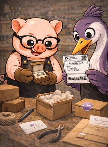 The Artisan Lab Designs mascot Milo and Lyra is preparing the packaging and ready to ship