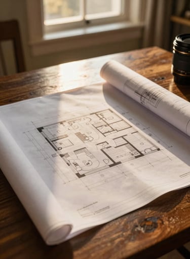 Elegant close-up of architectural blueprints on a dark wooden table, warm golden-hour sunlight streaming through a window, 35mm lens