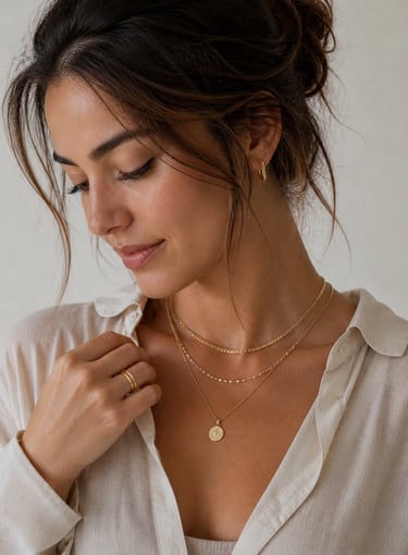 A woman wearing layered gold necklaces, a gold coin pendant, and matching gold hoop earrings.