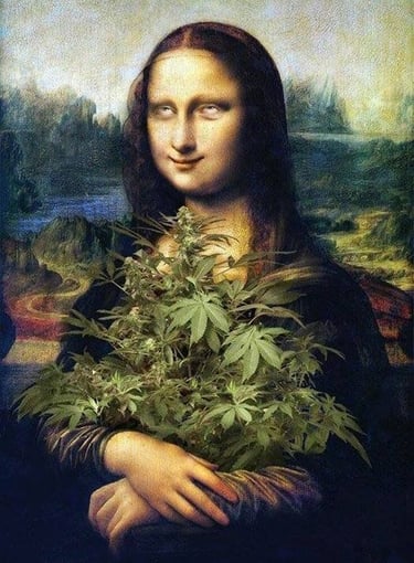 mona lisa medio loca sosteniendo una planta de cogollos