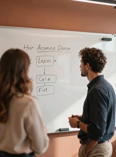 Dynamic candid collaboration in a warm-toned modern office, natural side-lighting, terracotta accents, focused on a strategy whiteboard, shallow depth of field