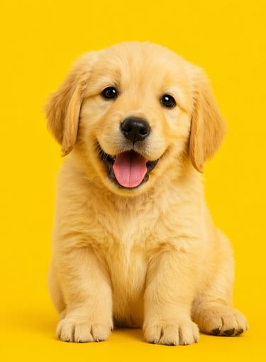 A cute Golden Retriever puppy sitting and smiling against a solid yellow background.
