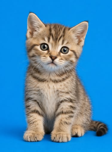 A cute brown tabby kitten with blue eyes sitting on a vibrant blue background.