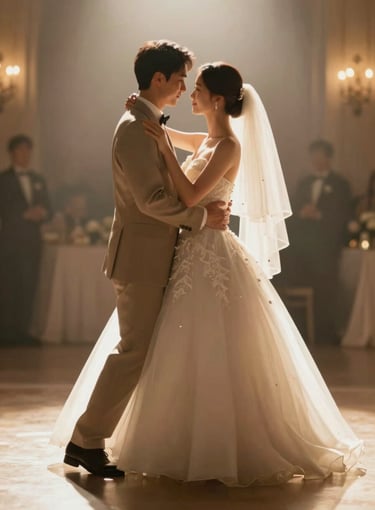An artistic cinematic shot of a bride and groom during their first dance, warm golden backlighting, soft focus, featuring elegant ivory #F8F3EC highlights and taupe shadows.