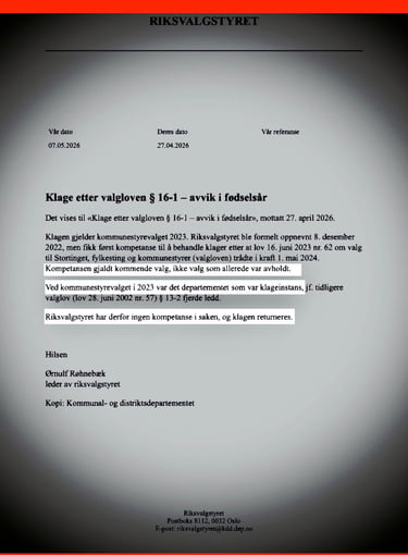 Riksvalgstyrets svar av 7. mai 2026، Fredrikstad Kommune bystyret, Salah Hassan al saadi, Styrer